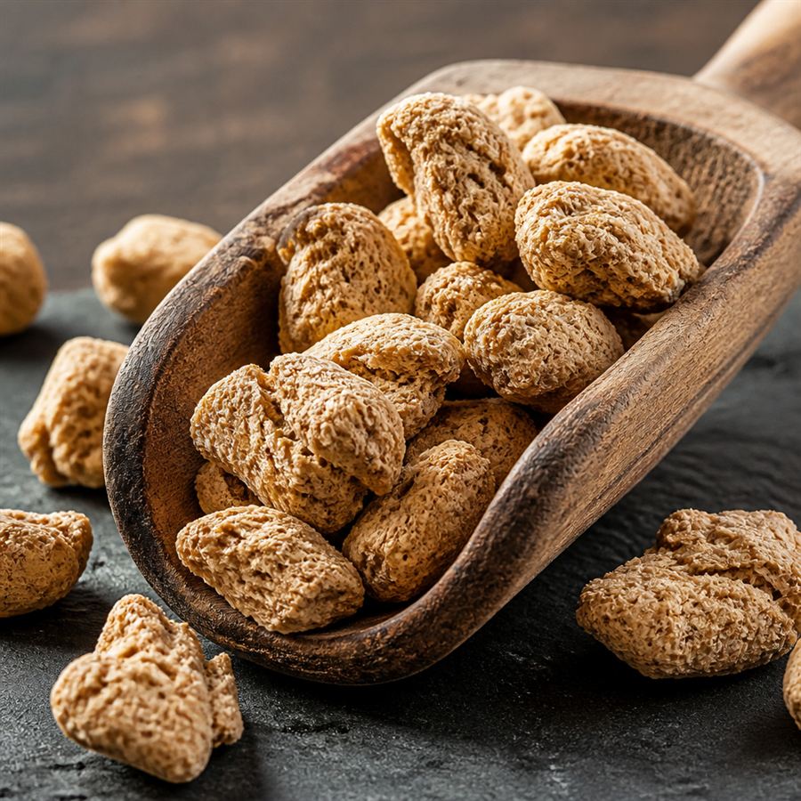 Dry textured soy protein chunks in a wooden scoop.