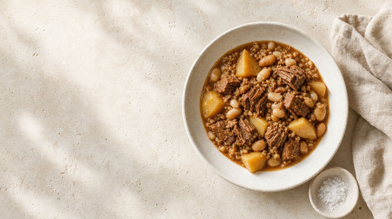 Bowl of cholent on a pale stone surface.