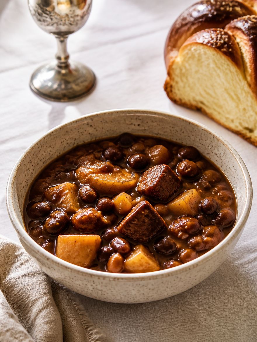 Bowl of cholent beside a braided challah and a kiddush cup.